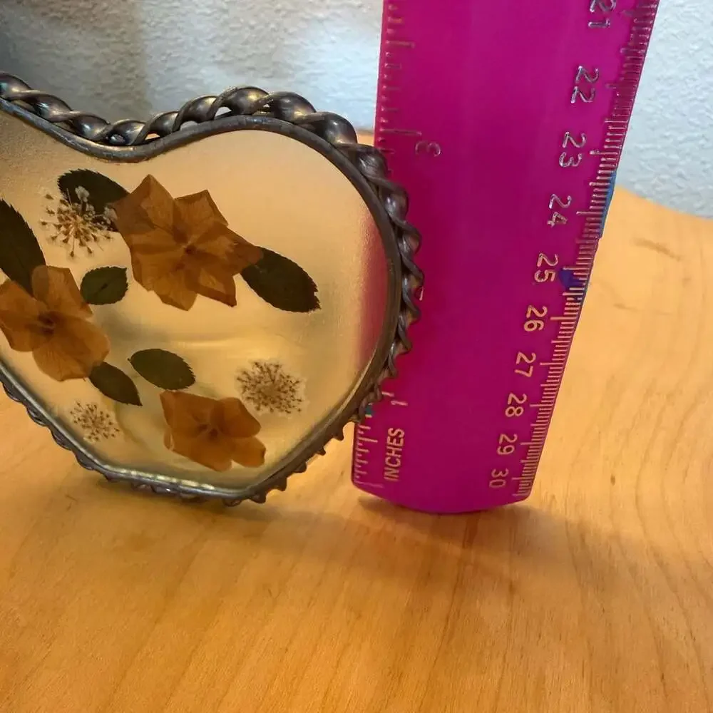 Vintage Pressed Flowers Resin Pewter Heart Votive Candle Holder